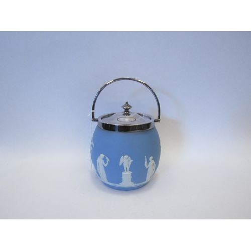 1537 - A Wedgwood jasperware biscuit barrel and a mauve glass decanter and stopper, 66cm tall