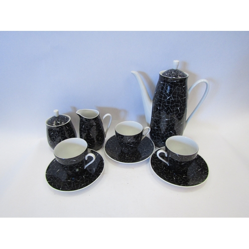 1546 - A Polish Walbrzych hand-painted coffee set, black ground, white line detail