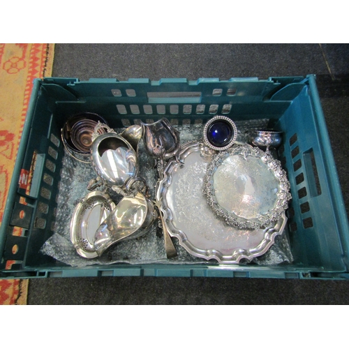 1571 - A box of plated items including tea set, trays, spoon warmer, sauce boats etc.