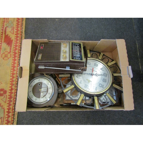 1572 - A box of assorted clocks and radio including Kaybee wall clock and mantel clocks   (GROUP)