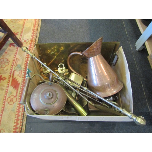 1573 - A large box of mixed metalwares including copper kettle and jug, fireside accompaniments etc.