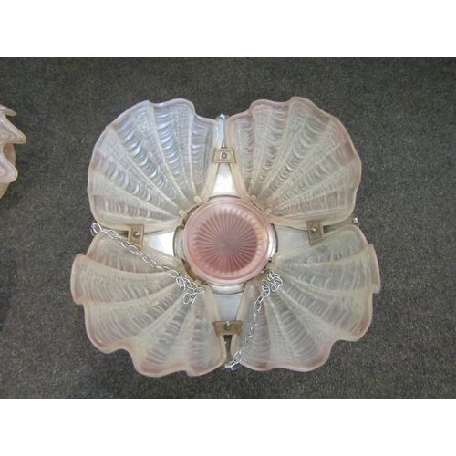 1584 - An Art Deco chrome and glass shell centre light (comprising of shells) and four matching wall lights