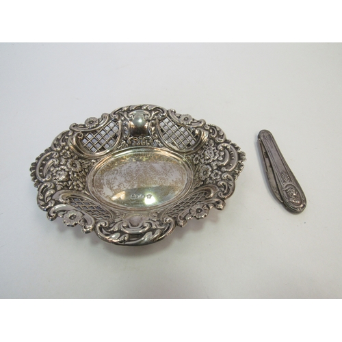 1436 - A silver Victorian bonbon dish marked Sheffield and a silver penknife marked Birmingham