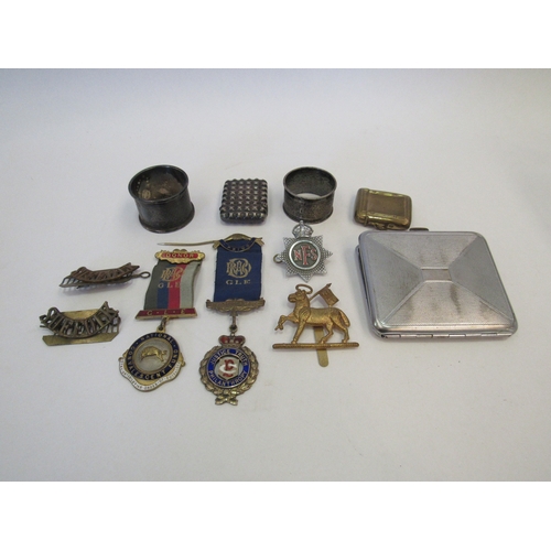 1437 - Cigarette case, napkin rings, cap badges, Buffalo medal and Queen's West Suffolk