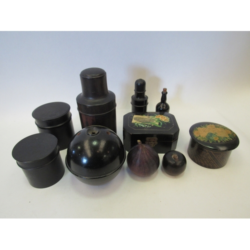 1456 - A collection of ebonised wooden boxes and containers including a string holder with a sweetheart mem... 