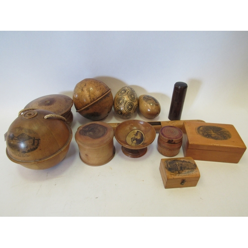 1471 - A collection of Mauchline Ware boxes and containers including two string holders, one a/f and other ... 