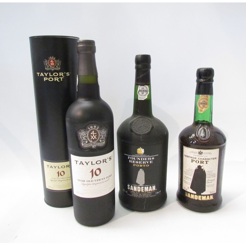 8083 - Taylor's 10 Year Old Port 75cl in tube, Sandeman Vintage Character Port 70cl, Sandeman Founders Rese... 