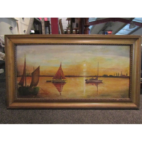 1074 - Three gilt framed pictures including cottage, boats and still life of flowers        (E) £15-25