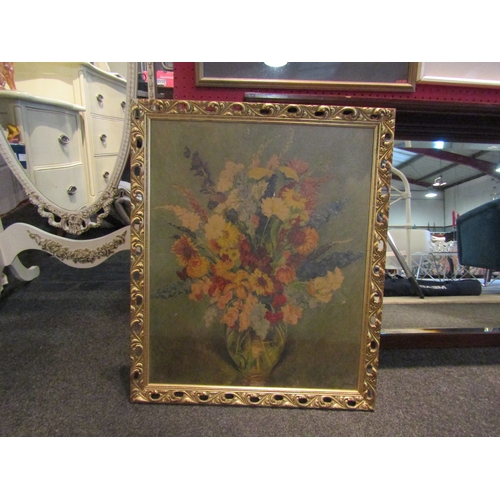 1074 - Three gilt framed pictures including cottage, boats and still life of flowers        (E) £15-25