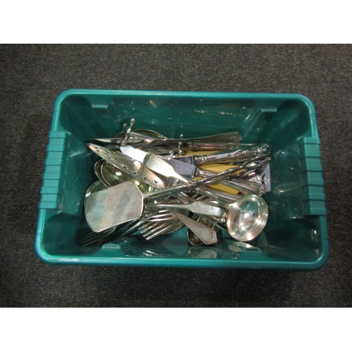 1183 - A box containing plated flatware including, knife. Asparagus tongs, knives and forks