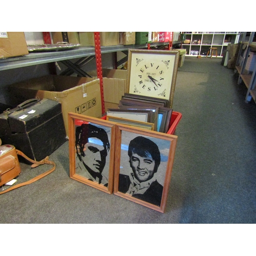 1242 - A box of assorted pictures, prints and mirrors including Elvis examples and an Elvis wall hanging