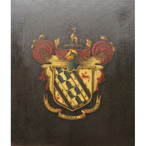 6022 - A wooden panel from an 18th Century coach, painted with a heraldic shield with motto 'Vincit Omnia V... 