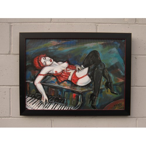 6089 - NATALIA ANTADZE (Georgian b.1976) A framed and glazed acrylic on canvas. Burlesque nude female on a ... 