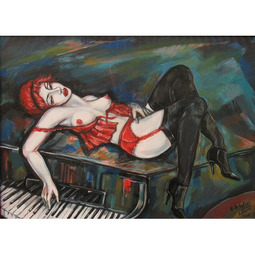 6089 - NATALIA ANTADZE (Georgian b.1976) A framed and glazed acrylic on canvas. Burlesque nude female on a ... 