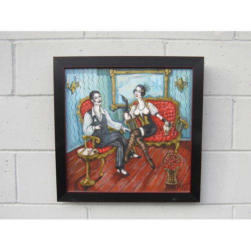 6091 - NATALIA ANTADZE (Georgian b.1976) A framed and glazed acrylic on canvas. Burlesque figures. Signed b... 