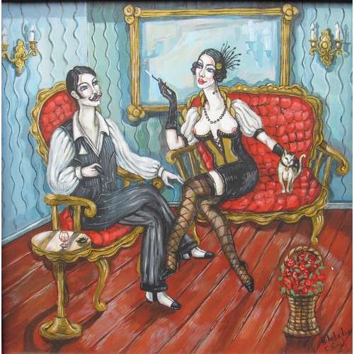 6091 - NATALIA ANTADZE (Georgian b.1976) A framed and glazed acrylic on canvas. Burlesque figures. Signed b... 