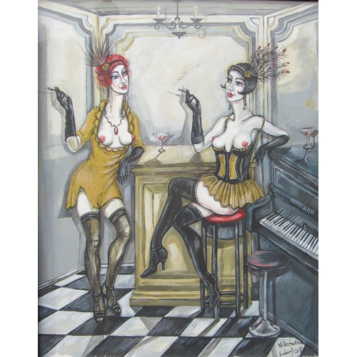 6090 - NATALIA ANTADZE (Georgian b.1976) A framed and glazed acrylic on canvas. Burlesque figures at a bar.... 