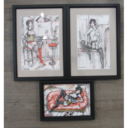 6093 - NATALIA ANTADZE (Georgian b.1976) Three framed and watercolours of burlesque female nudes. Signed bo... 