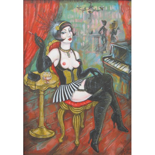 6088 - NATALIA ANTADZE (Georgian b.1976) A framed and glazed acrylic on canvas. Burlesque nude female. Sign... 