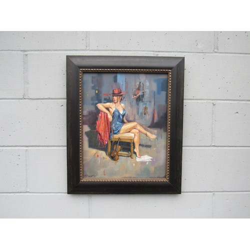 6087 - MARTIN LEIGHTON (b.1951) A framed oil on canvas, semi clad female with violin. Signed bottom left an... 