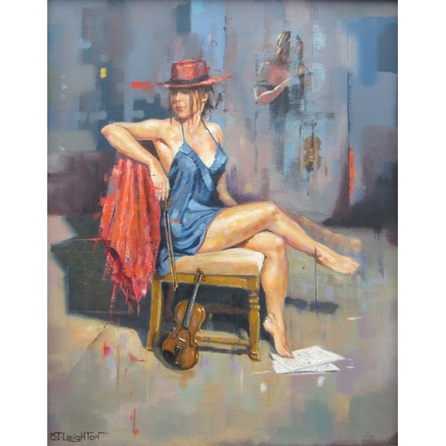 6087 - MARTIN LEIGHTON (b.1951) A framed oil on canvas, semi clad female with violin. Signed bottom left an... 