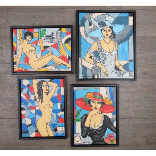 6095 - LAURENCE TREIZENEM (French XX/XXI) Four framed acrylic's on canvas, female/nudes, from 2017. Signed ... 