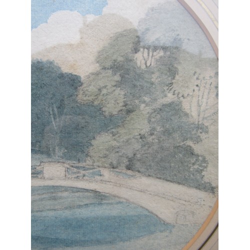 6052 - An early 19th Century watercolour of a bridge with woodland beyond. Set in a circular mount, printed... 