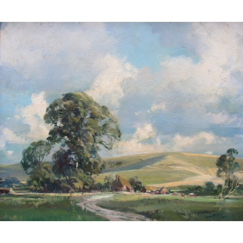 6039 - FRANK WOOTTON (1914-1998) (ARR) : An oil on canvas, valley with track leading to buildings, 'South D... 