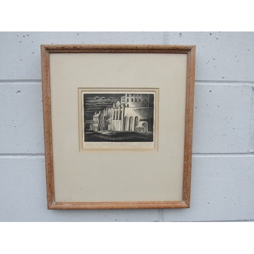 6110 - MARGARET BRYAN (1903-1988) A framed and glazed woodcut engraving, 'Buildings and Waste land'. Pencil... 