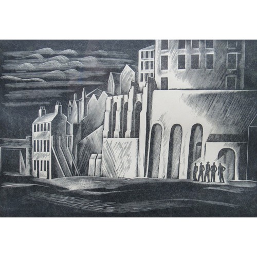 6110 - MARGARET BRYAN (1903-1988) A framed and glazed woodcut engraving, 'Buildings and Waste land'. Pencil... 