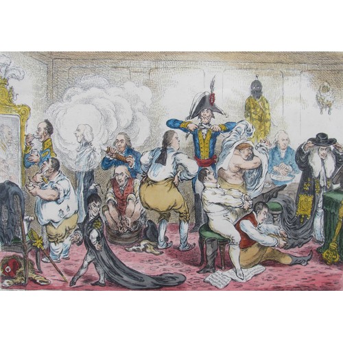 6028 - After James Gillray (1756-1815) A framed and glazed etching with hand colouring - 'Making Decent - i... 