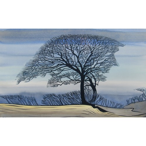 6072 - NICHOLAS BARNHAM (1939-2021) A framed and glazed linocut and watercolour titled 'Wells Oak'. Pencil ... 