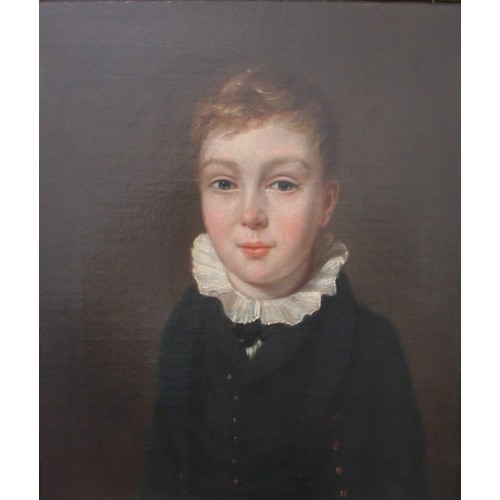 6012 - An early 19th Century pair of oils on canvas. Portrait of a young boy in green jacket and ruffled co... 