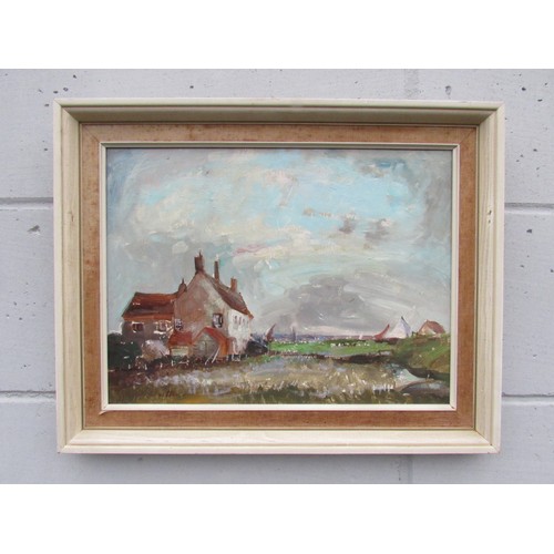 6071 - GEOFFREY CHATTEN (b.1938) A framed oil on board, 'House Near Berney Arms'. Signed bottom left. Image... 