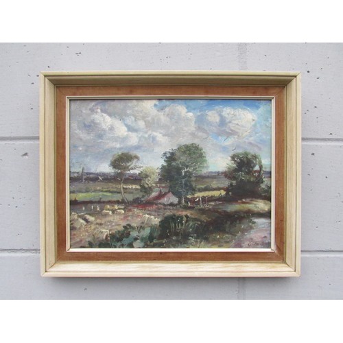 6070 - GEOFFREY CHATTEN (b.1938) A framed oil on board, Broads marsh landscape with cottage. Signed bottom ... 