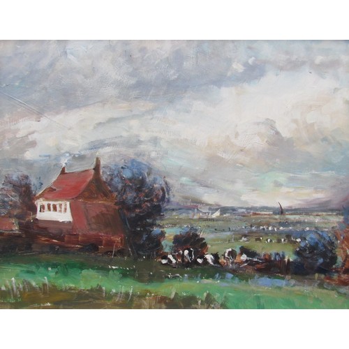 6069 - GEOFFREY CHATTEN (b.1938) A framed oil on board, 'Broads marsh landscape with house'. Unsigned. Imag... 