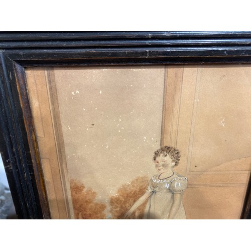 7036 - A George IV Regency watercolour depicting girl aged 4 years with cat by open door, painted 13 May 18... 