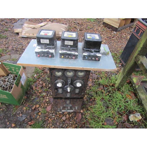 3232 - A vintage battery tester and three electric meters.  DTI FAILURE: Please see information pages