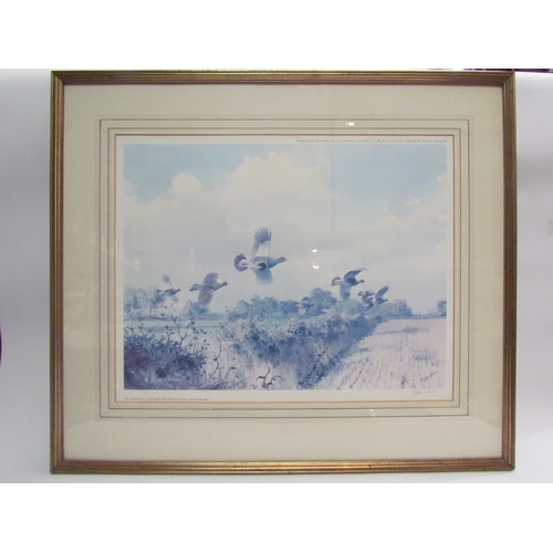 4375 - Two prints - J.C. Harrison: Grey Partridges in flight, pencil signed, plus Ceasar Smith hunting scen... 