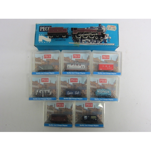 9507 - A boxed Peco N guage NL-22 4-6-0 locomotive in LMS maroon livery together with eight perspex cased o... 