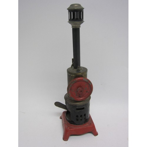 9549 - A live steam stationary engine on red tinplate base, brass vertical boiler with chimney, powering si... 