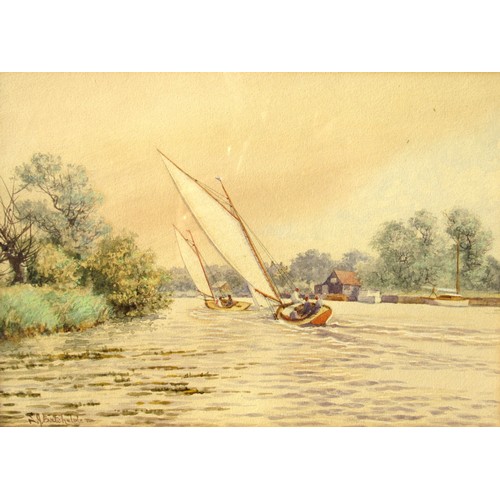 6058 - STEPHEN JOHN BATCHELDER (1849-1932) A framed and glazed watercolour, Norfolk Broads river scene with... 