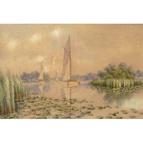 6056 - STEPHEN JOHN BATCHELDER (1849-1932) A framed and glazed watercolour, Norfolk Broads river scene with... 