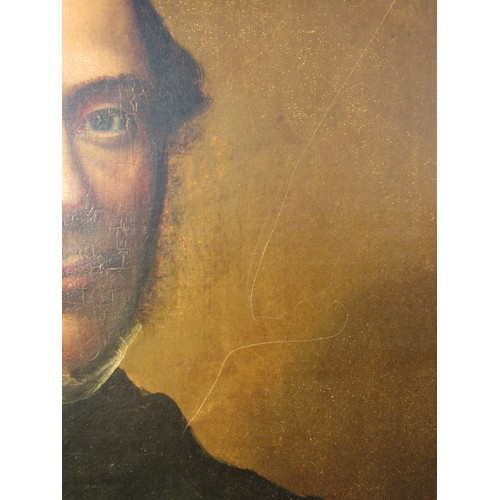 6016 - A circa mid 19th Century unframed oil on canvas portrait of a gentleman. Later cut and stuck to a ne... 