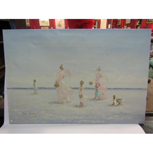 4380 - MARIE CHARLOT: An unframed oil on canvas depicting figures and dog in beach scene, signed lower left... 