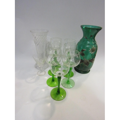 4395 - A collection of cut glass and green stemmed glasses together with a green painted vase