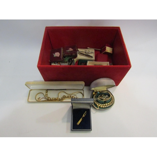 4411 - A red suede box of bijouterie and assorted to include Meerschaum pipe, cased a/f, pen knives, cuffli... 