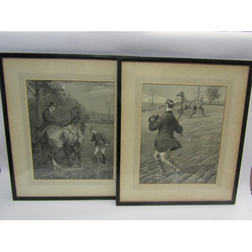 4433 - Two monotone fox hunting prints, ebonised frames, glazed, 30cm x 25cm image sizes