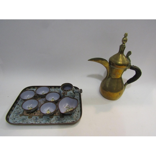 4442 - An Oriental cloisonné tea set on tray and a brass Eastern coffee pot with woven leather clad handle