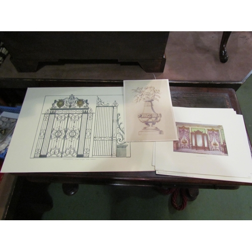 4004 - A selection of unframed prints depicting architectural ironwork, interior scenes and furniture (12)